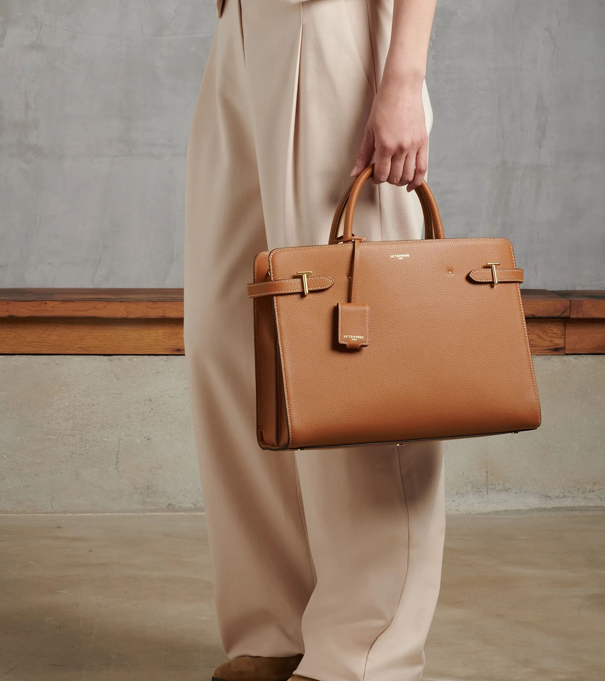 Grand sac à main Emilie en cuir grainé - Brown Tan