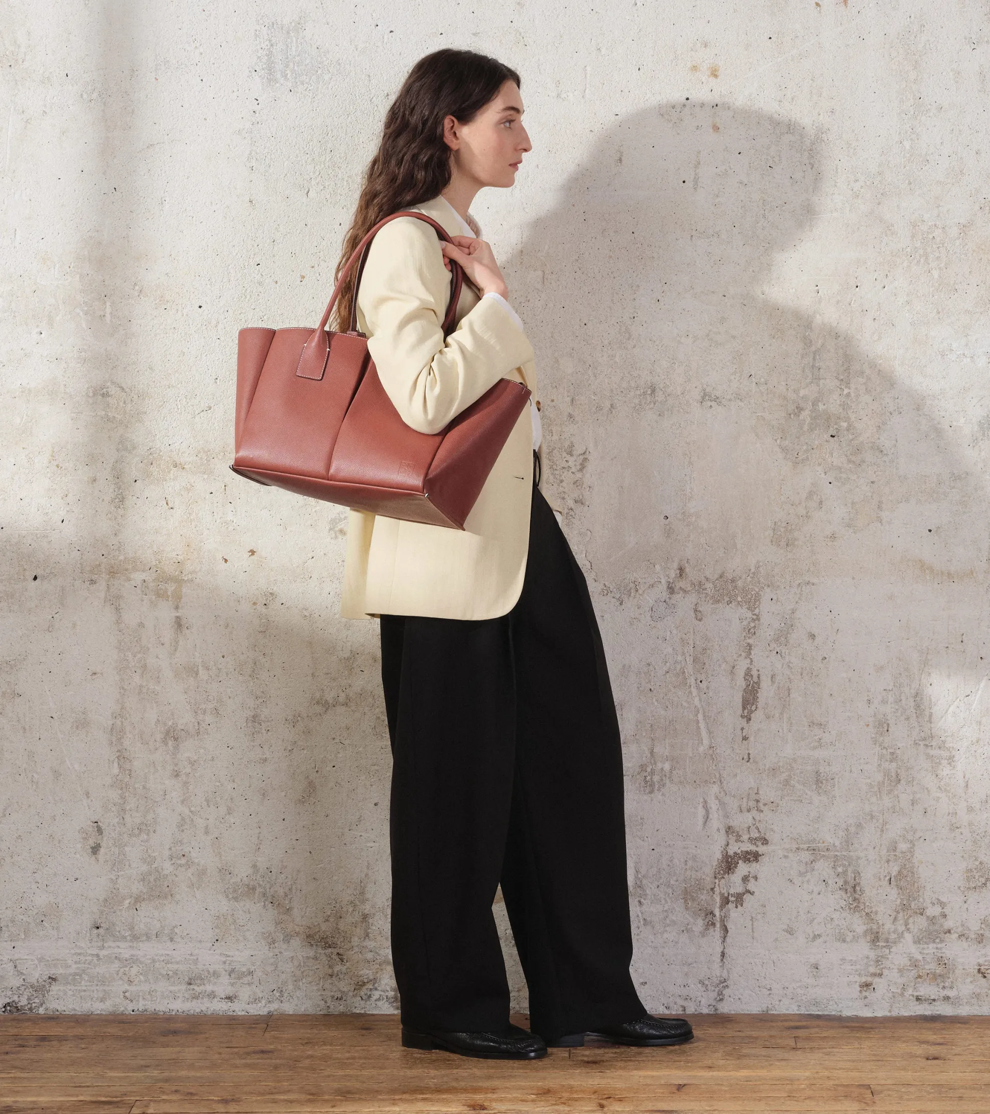 Grand sac cabas Elena en cuir grainé - ACAJOU 1
