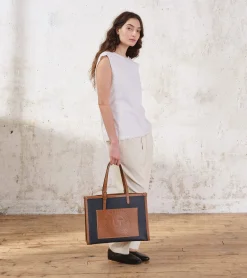 Grand sac cabas Le 125 en cuir grainé - Blue Twilight Brown Tan White Chalk