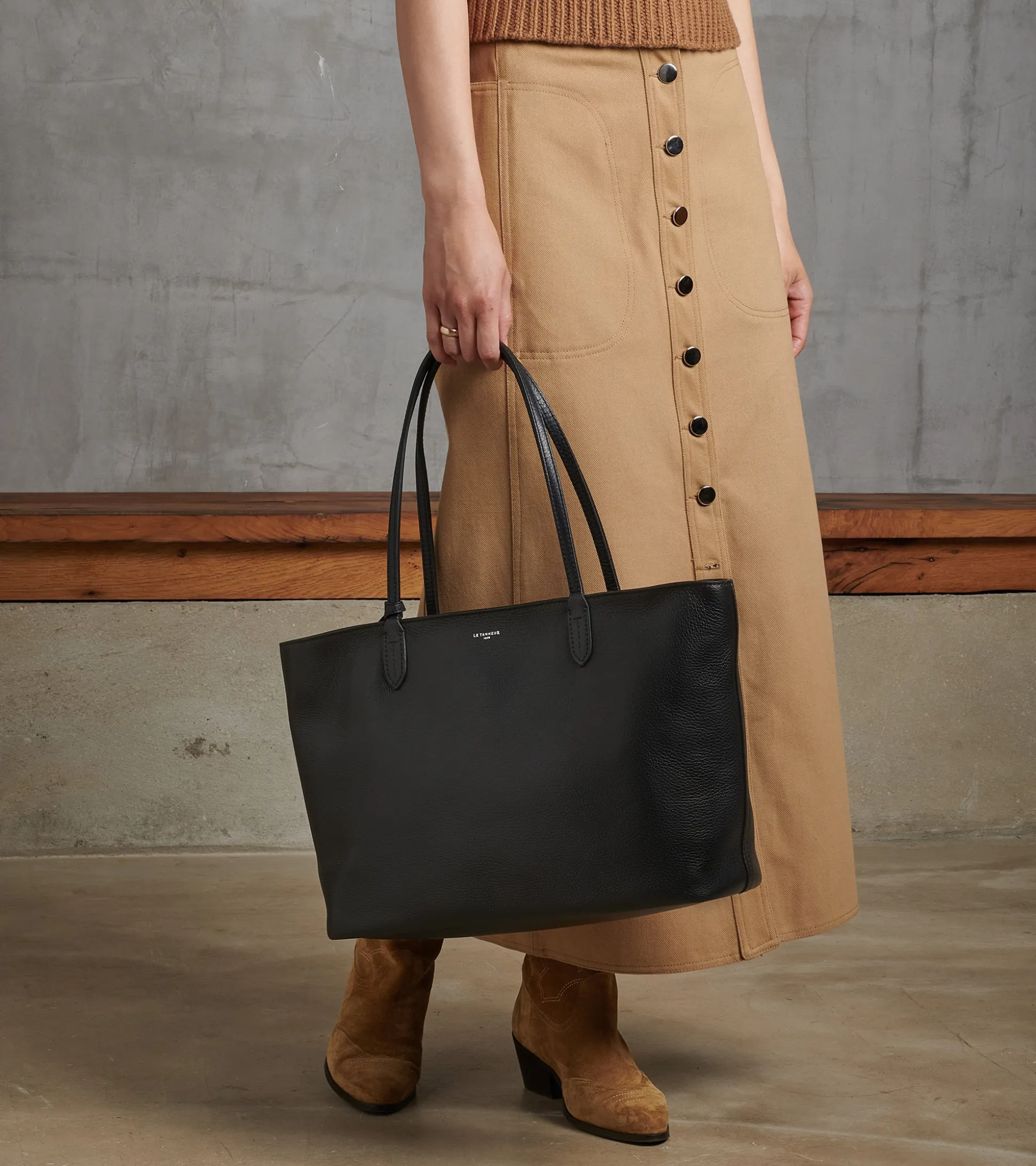 Grand sac cabas Louise en cuir grainé - Black Le Bleu