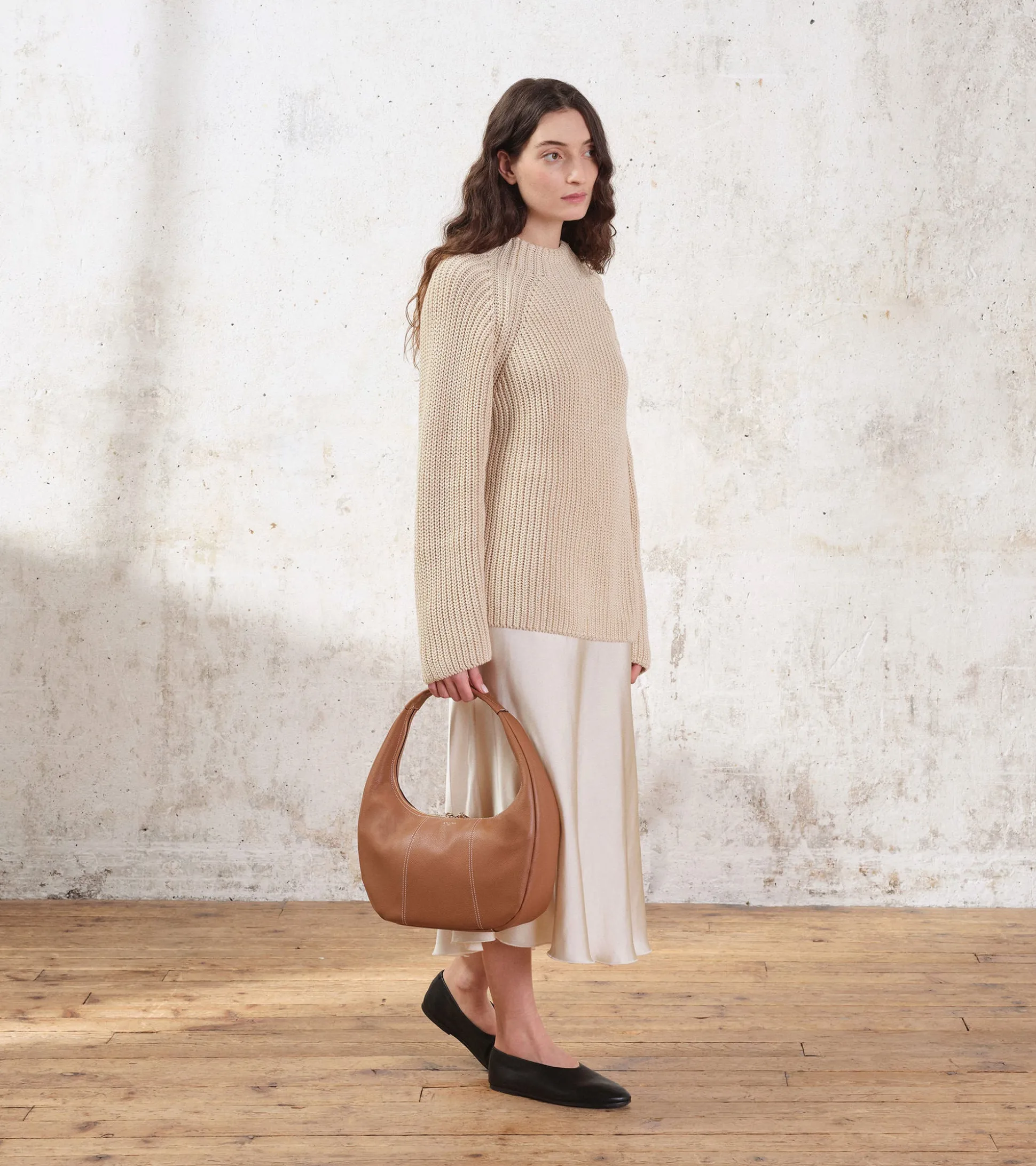 Grand sac hobo Juliette en cuir grainé - Brown Tan