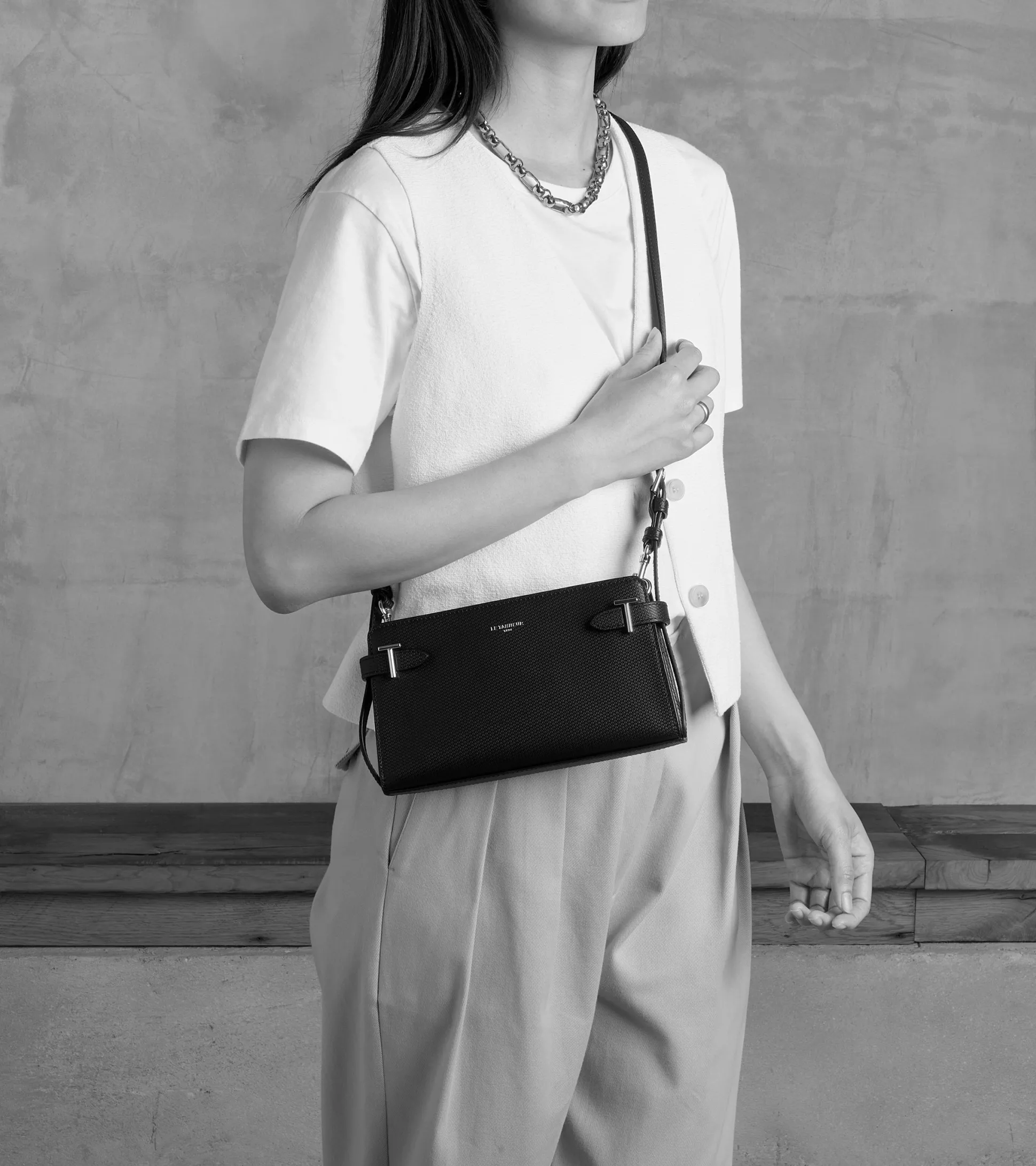 Petit sac à bandoulière Emilie en cuir signature T - BLEU ARGILE