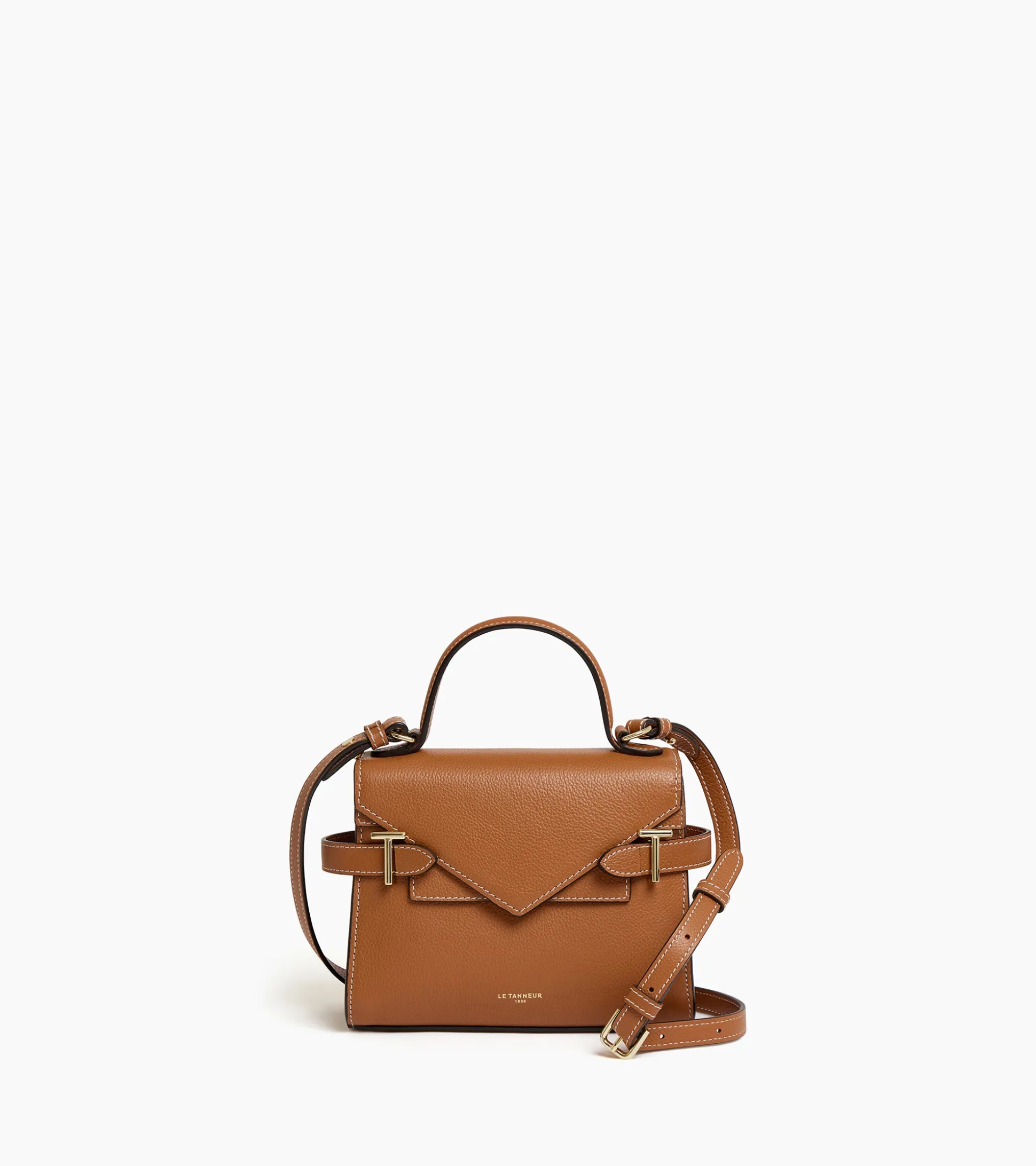 Petit sac à main double rabat Emilie en cuir grainé - Brown Tan