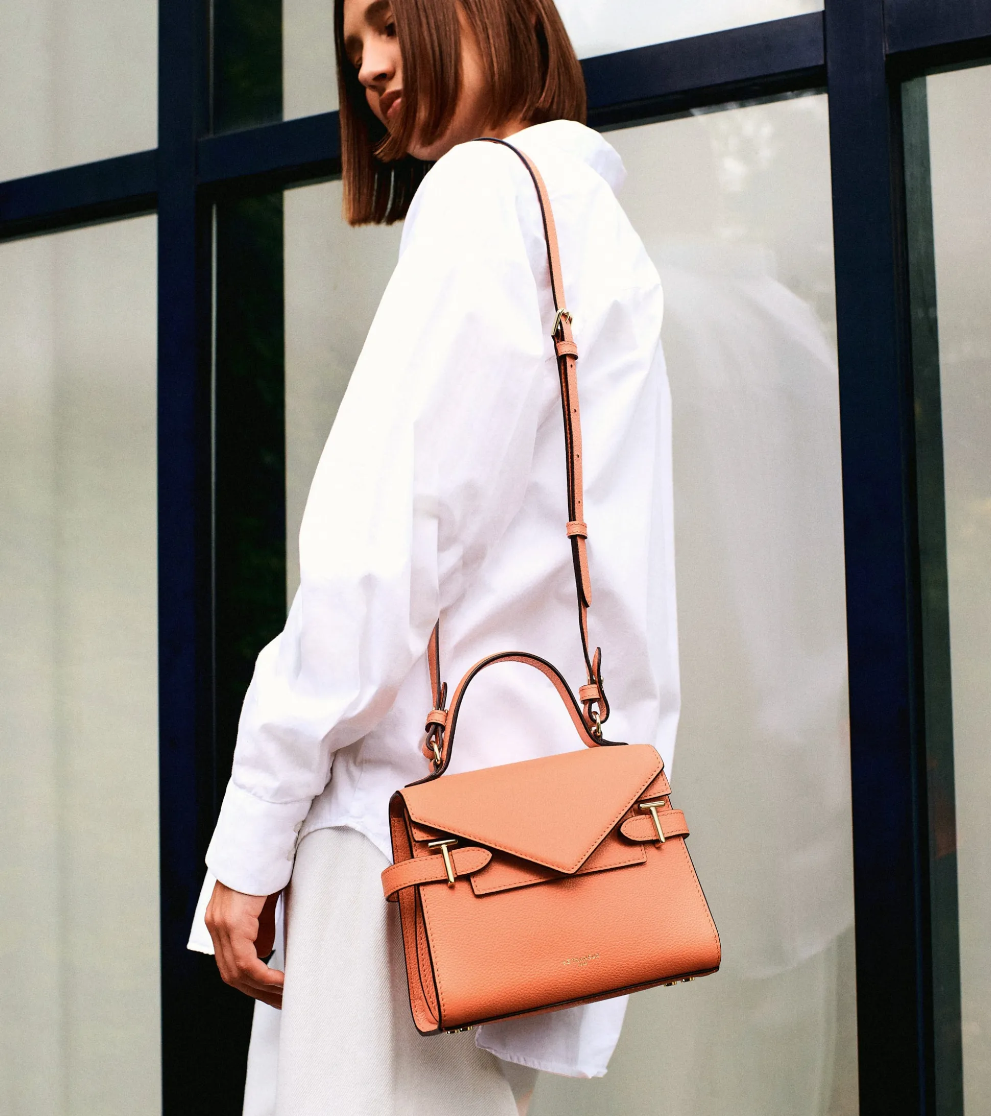 Petit sac à main double rabat Emilie en cuir grainé - ORANGE OCRE