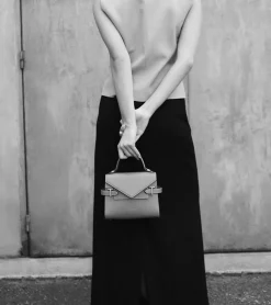 Petit sac à main double rabat Emilie en cuir signature T - BLEU ARGILE