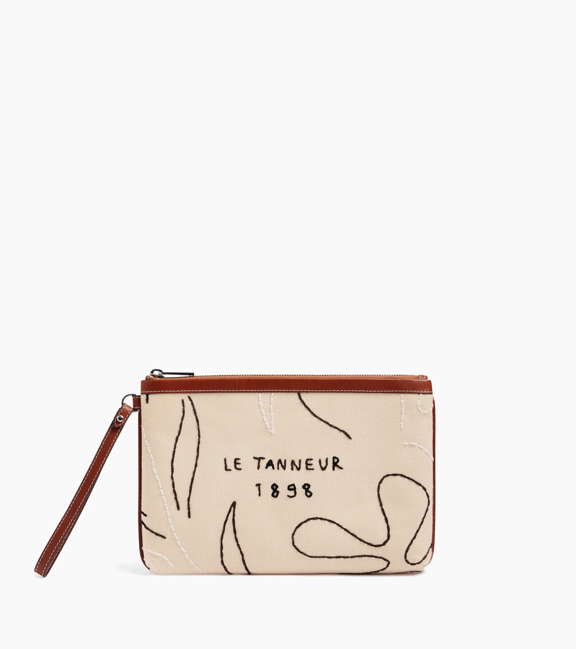 Pochette zippée Sarah Espeute en cuir semi-végétal et toile coton - White Chalk Brown Tan