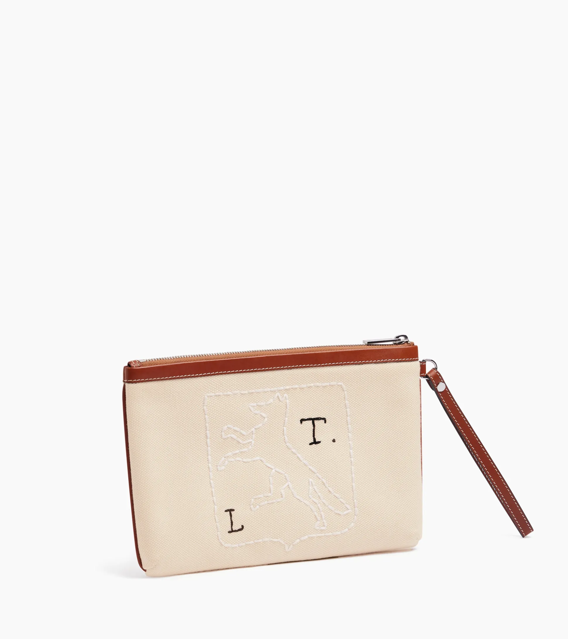 Pochette zippée Sarah Espeute en cuir semi-végétal et toile coton - White Chalk Brown Tan