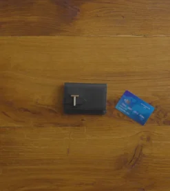 Porte cartes à rabat Emilie en cuir signature T - BLEU ARGILE