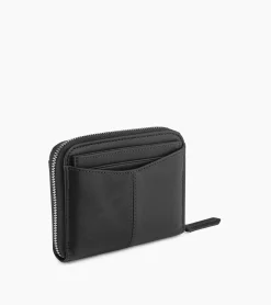 Porte monnaie zippé avec porte cartes amovible Charlotte en cuir lisse - Black