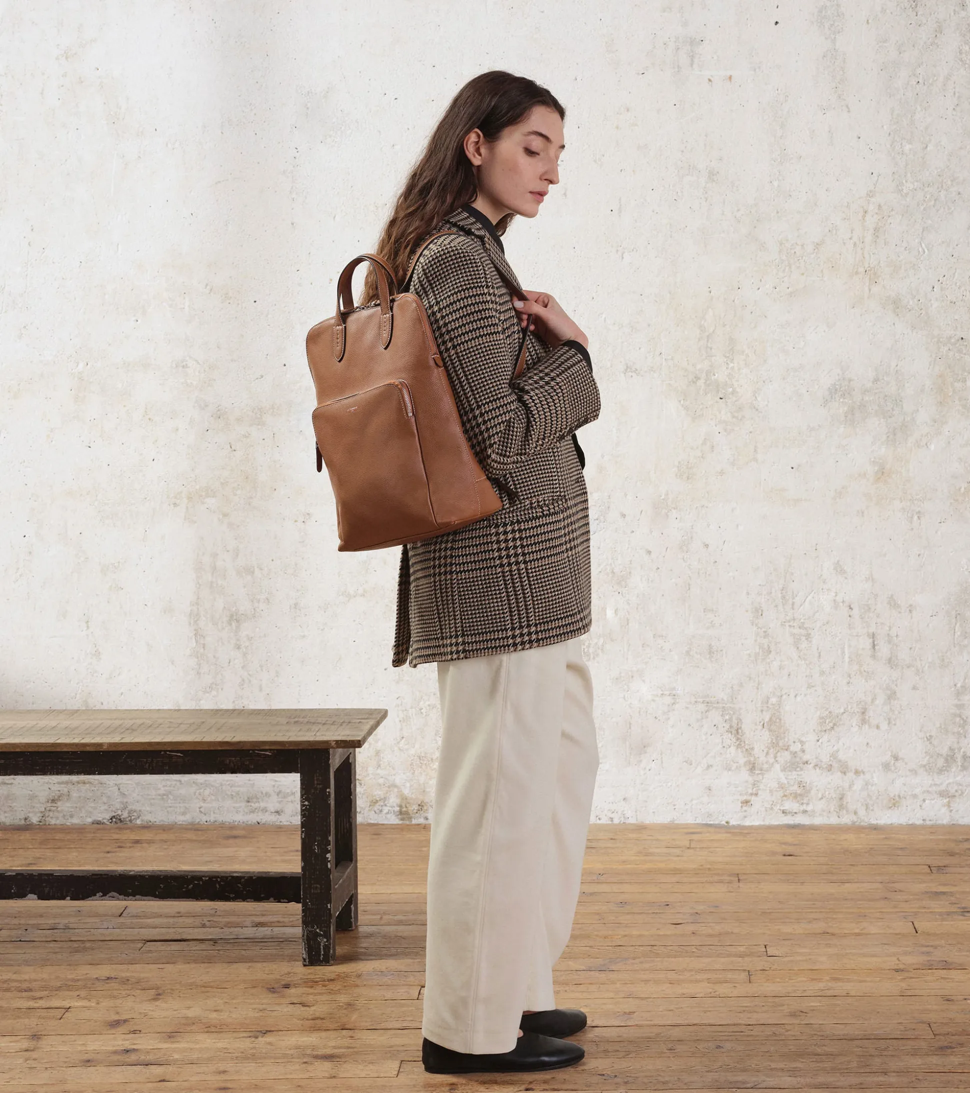 Sac à dos zippé business Sophie en cuir grainé - Brown Tan