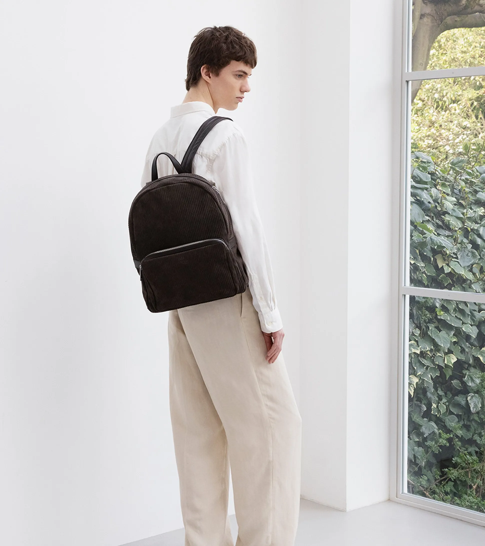 Sac à dos zippé Emile en cuir côtelé et lisse - CAFE 1