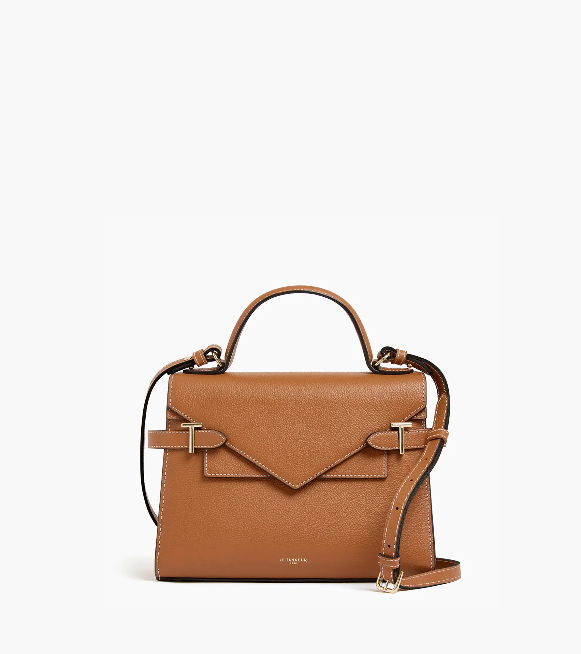 Sac à main double rabat moyen modèle Emilie en cuir grainé - Brown Tan