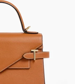 Sac à main double rabat moyen modèle Emilie en cuir grainé - Brown Tan