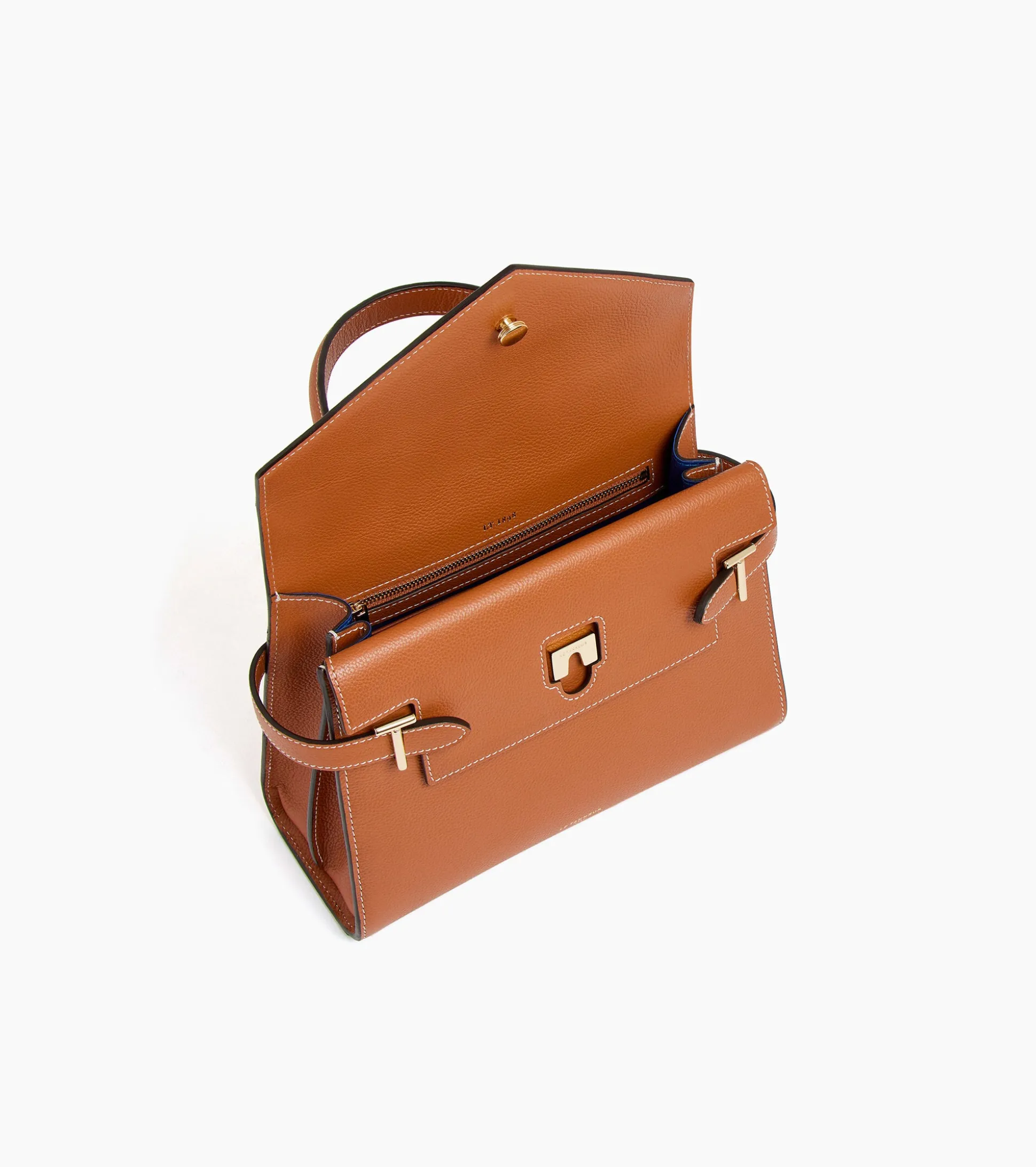 Sac à main double rabat moyen modèle Emilie en cuir grainé - Brown Tan