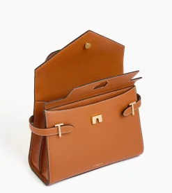 Sac à main double rabat moyen modèle Emilie en cuir grainé - Brown Tan