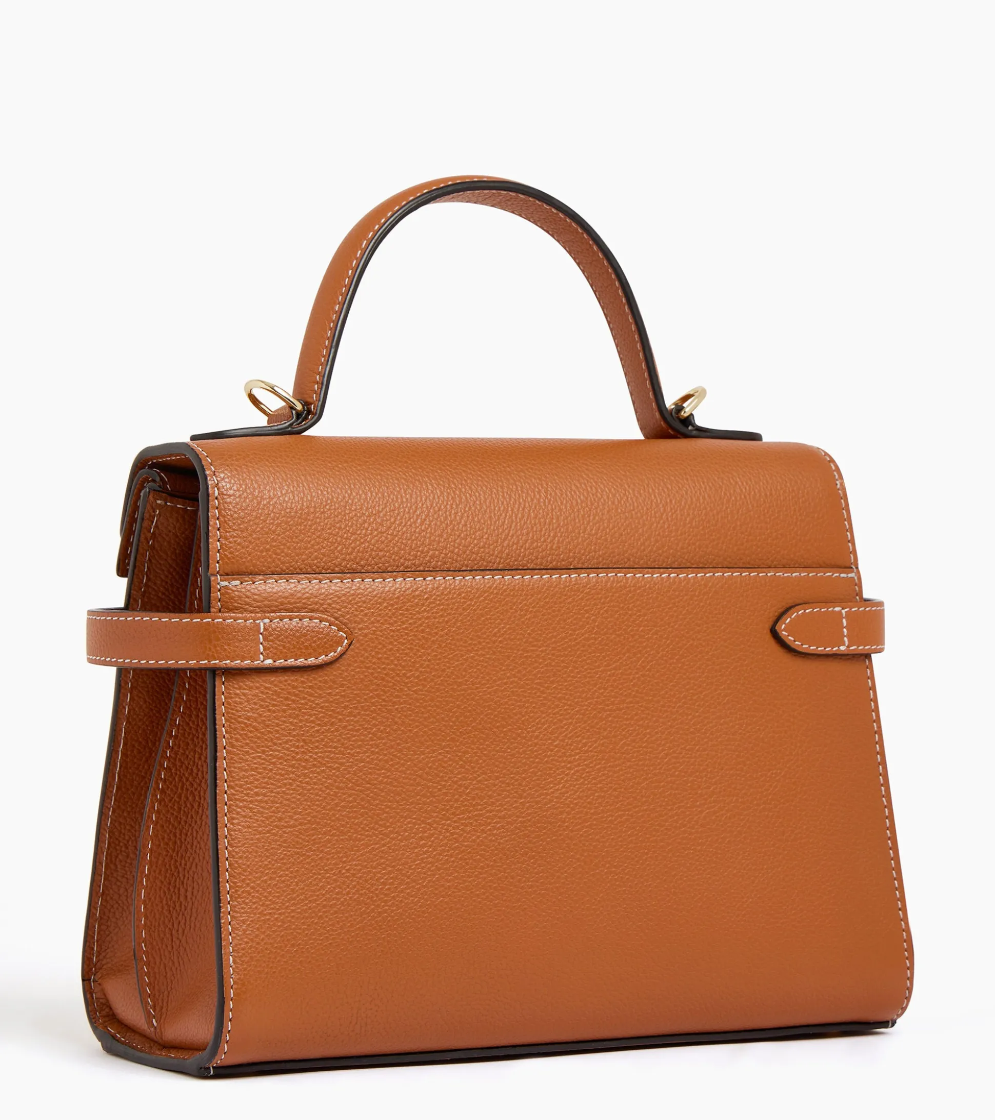 Sac à main double rabat moyen modèle Emilie en cuir grainé - Brown Tan