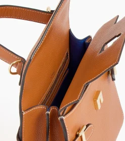 Sac à main double rabat moyen modèle Emilie en cuir grainé - Brown Tan