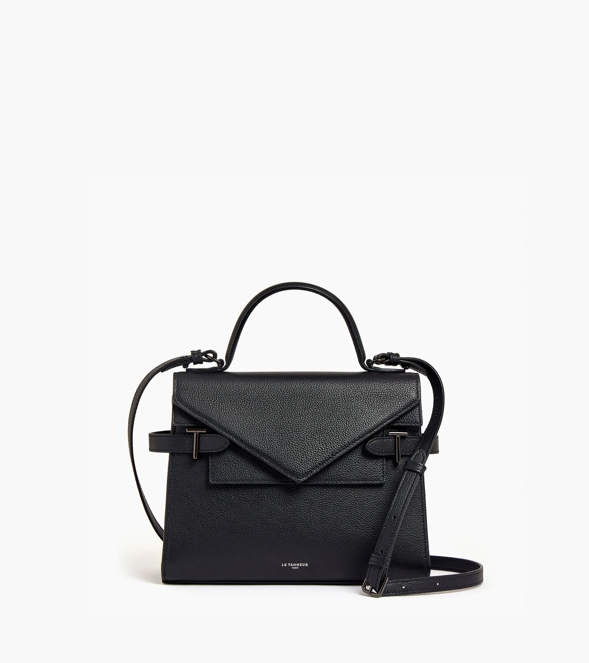 Sac à main double rabat moyen modèle Emilie en cuir grainé - Black
