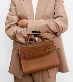 Sac à main moyen modèle Emie en cuir lisse et nubuck - TAN