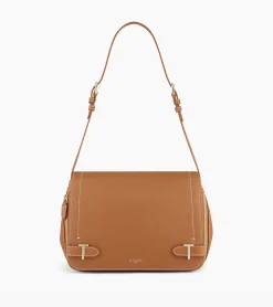 Sac bandoulière moyen modèle Simone en cuir grainé - Brown Tan