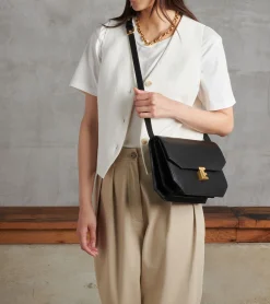 Sac bandoulière moyen modèle Rose en cuir lisse - Black
