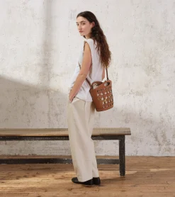 Sac seau Le Potier en toile coton et cuir lisse - TAN