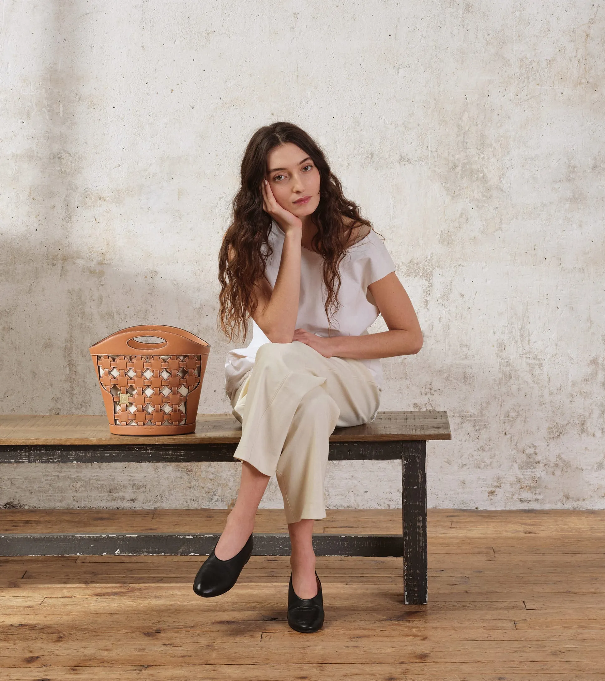Sac seau Le Potier en toile coton et cuir lisse - TAN