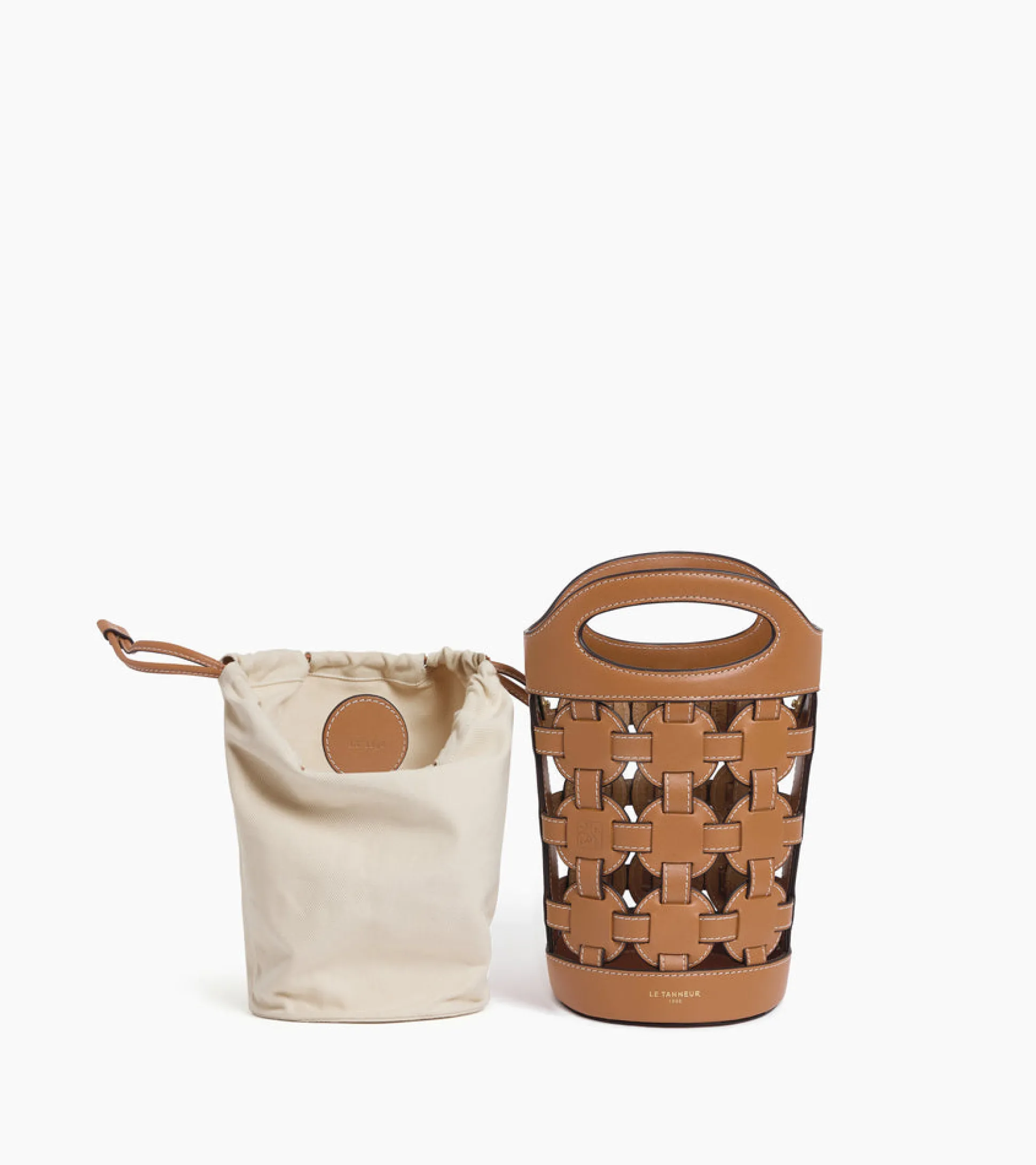Sac seau porte-bouteille Maison Abelé en toile coton et cuir lisse - Brown Tan