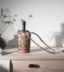 Sac seau porte-bouteille Maison Abelé en toile coton et cuir lisse - Brown Tan